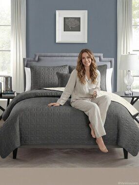 VCNY Home Hayden Solid Reversible Geometric Quilt Set, Queen, Charcoal/Vanilla